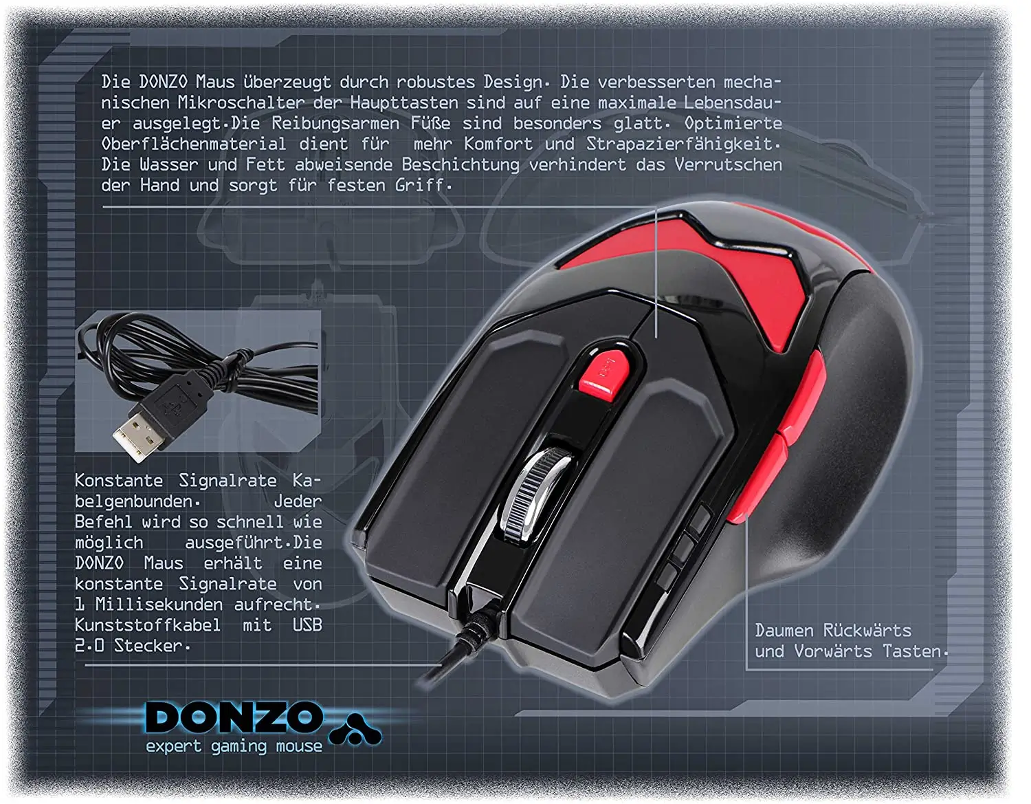 Gaming mouse LASER USB 800-1200-2100-3400DPI 6 butoane 76g cu 4x4.2g greutăți interschimbabile DONZO DO959-BL [7]