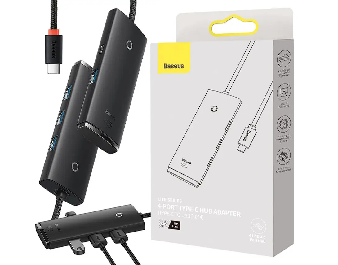 Hub-uri USB - HUB extern Baseus WKQX030401 Lite 4 porturi USB 3.0 conectare prin USB Type-C cablu 1m negru