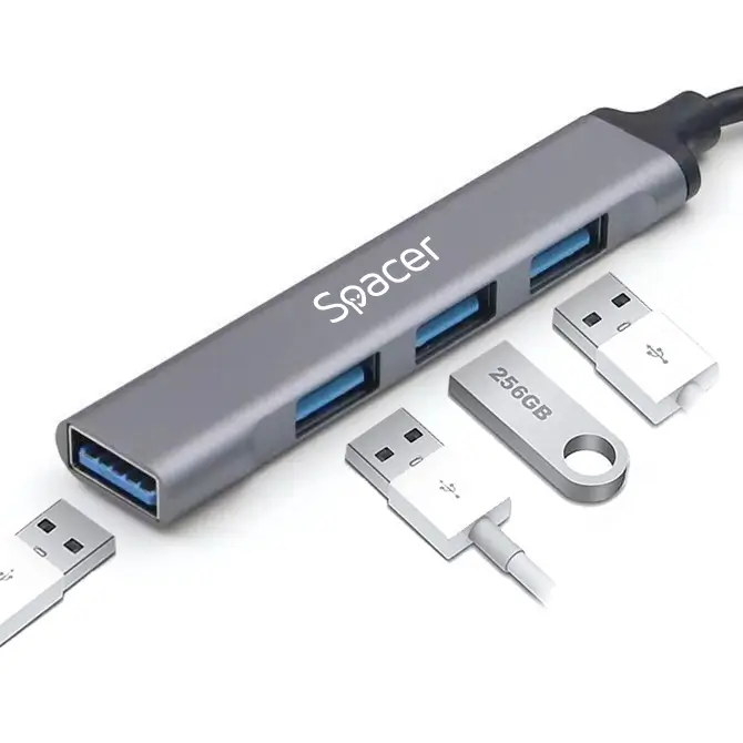 HUB extern Spacer SPHB-USB-4U-01 cu 4 porturi USB (1 x USB 3.0, 3 x USB 2.0) pentru conectivitate extinsă. [1]