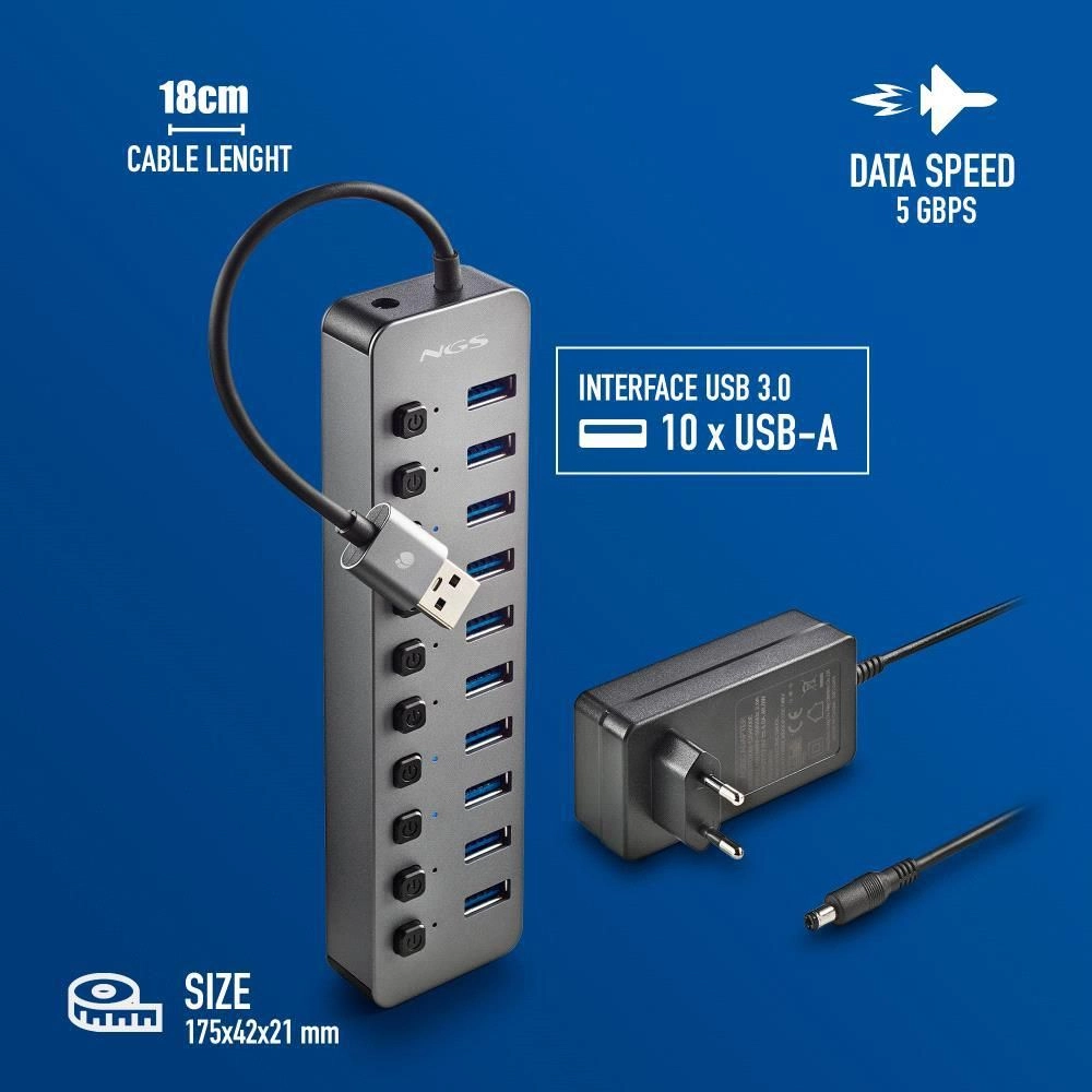 HUB USB 3.0 NGS iHub10 cu 10 porturi, alimentator inclus, transfer rapid 5 Gbps, compatibil PC/MAC [1]