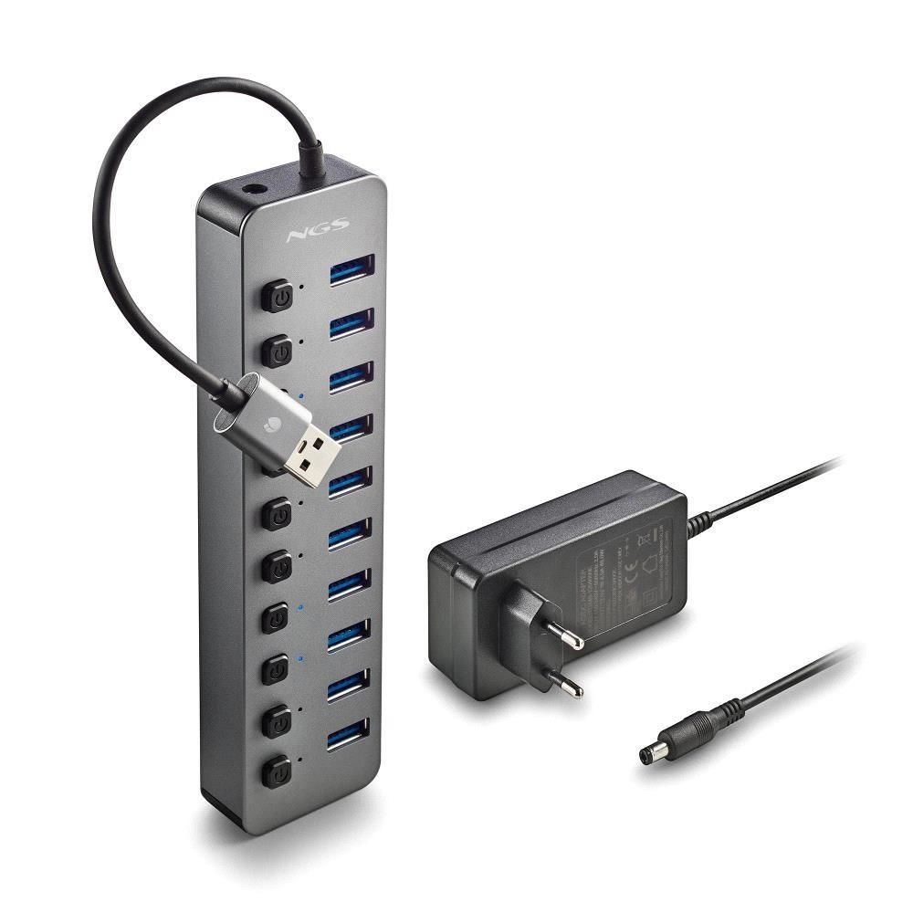 Hub-uri USB - HUB USB 3.0 NGS iHub10 cu 10 porturi, alimentator inclus, transfer rapid 5 Gbps, compatibil PC/MAC
