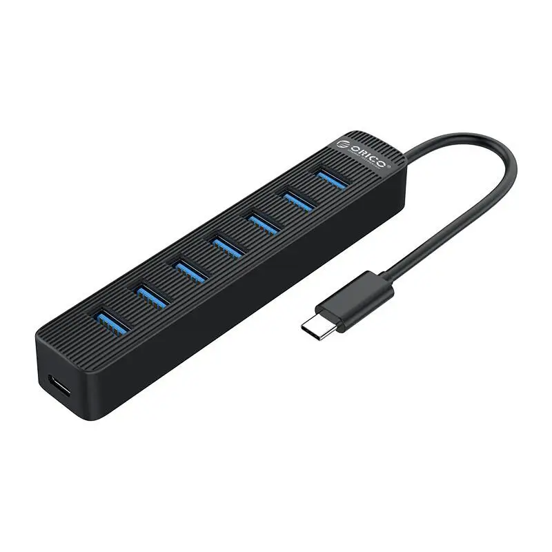 Hub-uri USB - HUB USB Orico TWC3-7A-BK cu 7 porturi USB 3.0, conectivitate USB Type-C, design negru, cablu 15cm, Plug & Play