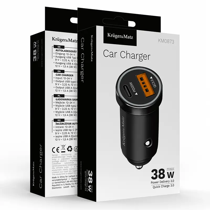 Încărcător auto Kruger&Matz KM0873, 12-24V, USB-A/Type C, QC3.0, PD 38W, pentru brichetă auto. [3]