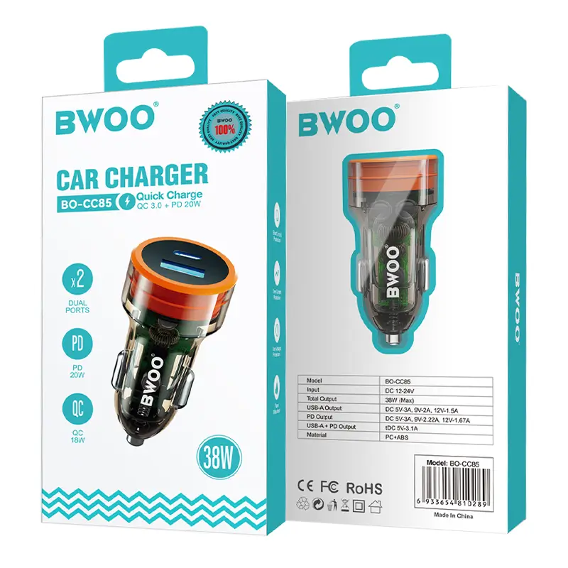 Încărcător auto 12-24V 38W 1x USB-C PD 20W + 1x USB-A QC 18W BWOO BO-CC85 [5]