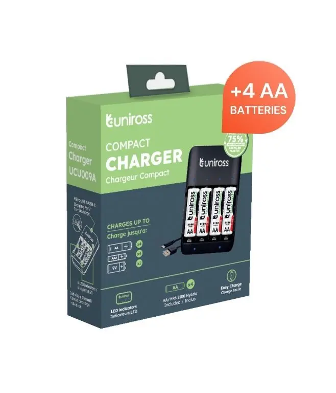 Electrice - Încărcător Ni-MH AA/AAA/9V Uniross UCU009A + 4x AA 2100mAh – IoElectronice.ro