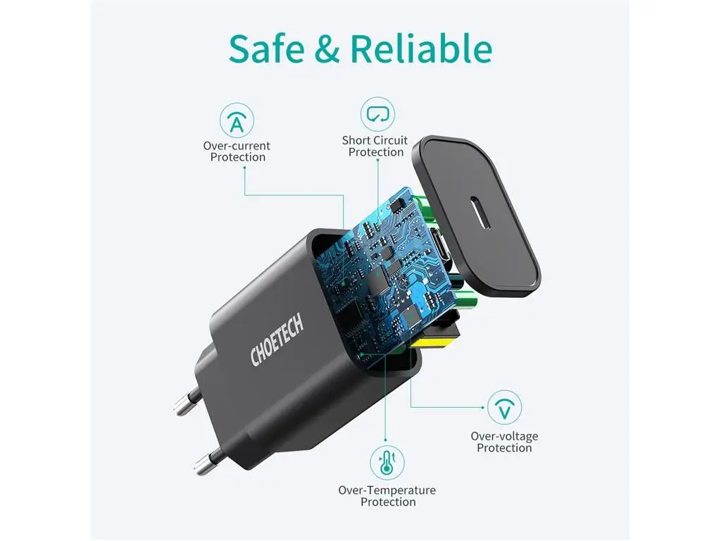 Încărcător USB-C Choetech Q5004-EU-WH 18W, PD 3.0, Compact, Protectie, Negru [2]