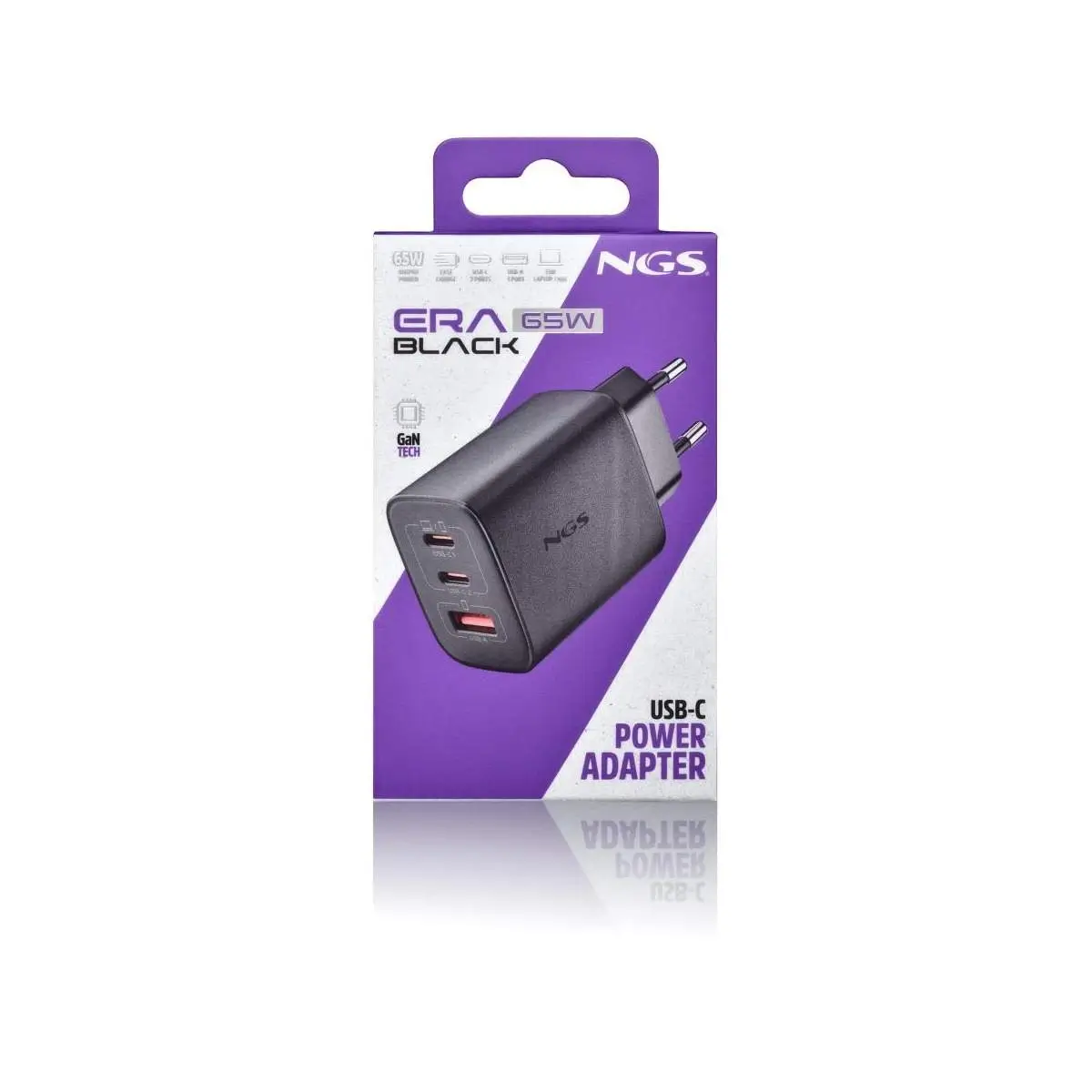 Încărcător rețea NGS ERA 65W 2x USB-C PD 65W 1x USB-A QC3.0 negru 100-240V AC [2]