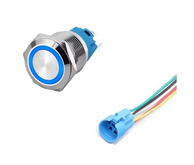 Intrerupatoare-Relee - Intrerupator buton metal 22mm, LED albastru, 12-24V, IP66, 4A, fără reținere, comutator alimentare, momentan