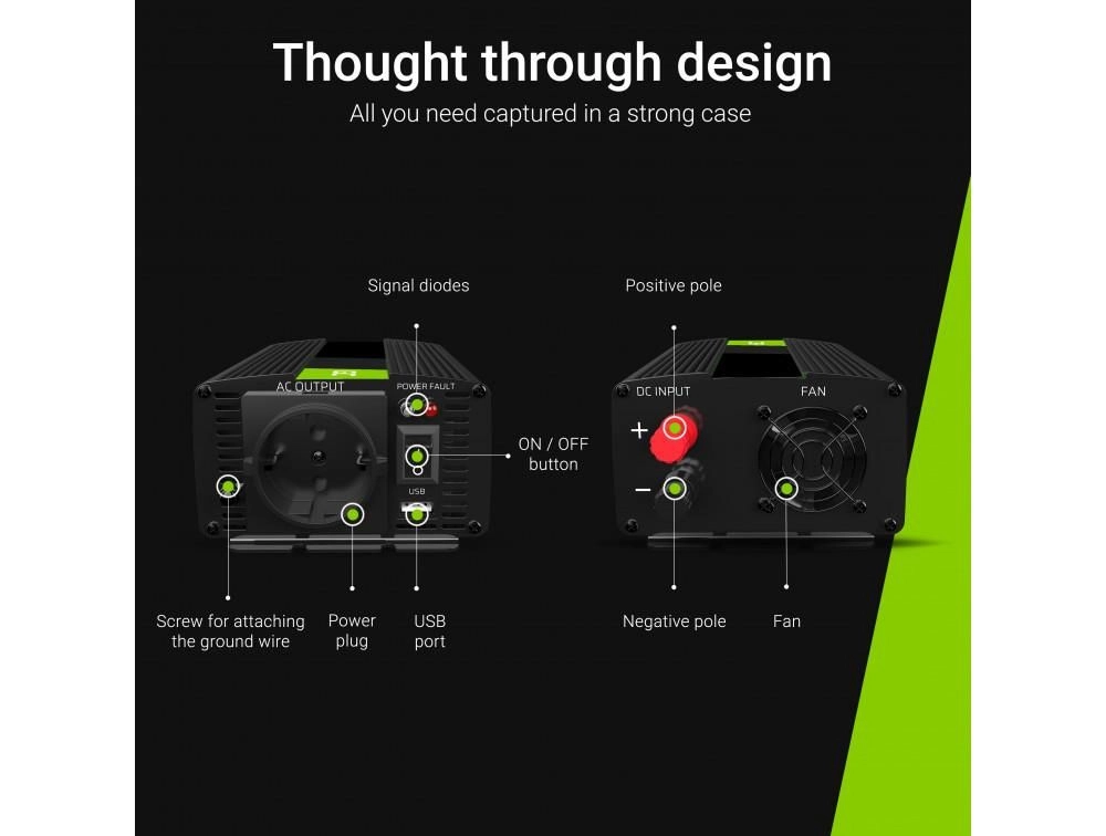 Invertor de tensiune 12V la 230V 500W cu USB, portabil, pentru mașină, rulote și camioane, Greencell INV03DE [5]
