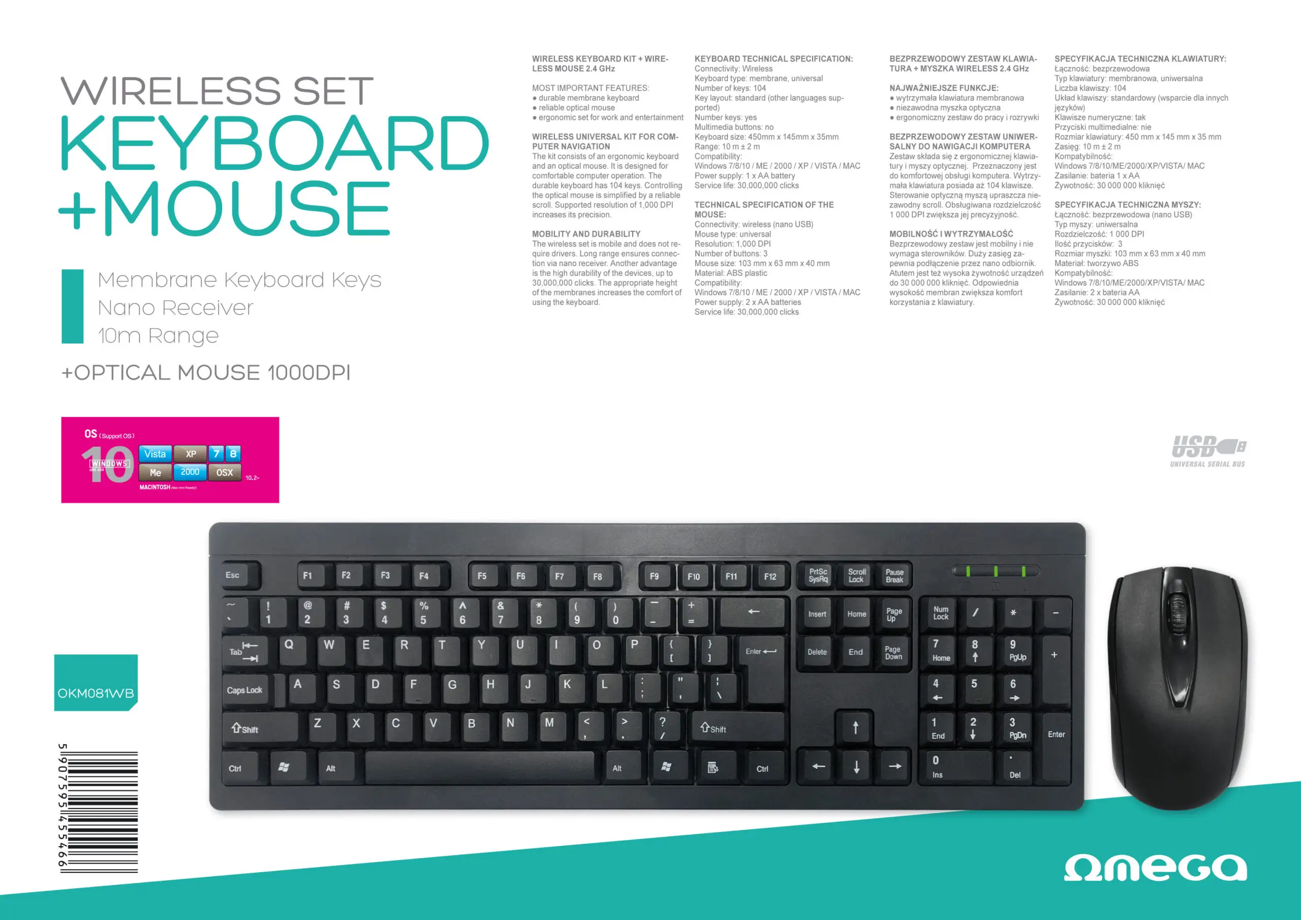 Kit tastatura si mouse wireless Omega OKM081WB 1000DPI USB - IoElectronice.ro [2]