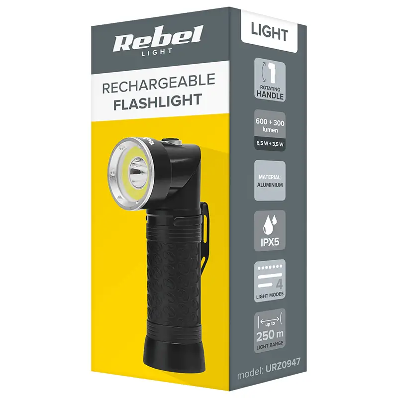 Lanterna 10W REBEL URZ0947, IPX5, acumulator 18650, 600lm, T6+COB, maner rotativ, USB, aluminiu [7]