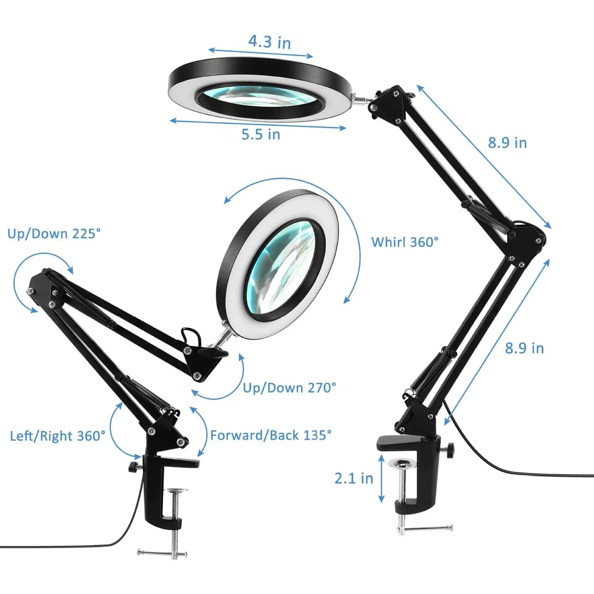Lupa 100mm 5X cu LED, brat pantografic 22.5cm, negru, brand OEM [2]