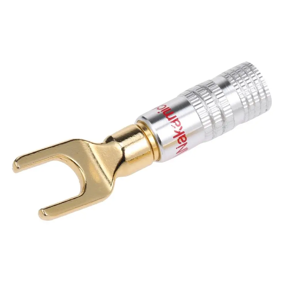 Conectica - Mufa banana U tip furcă tata 4mm metal cu șurub și inel roșu, brand OEM, pentru conexiuni electrice.