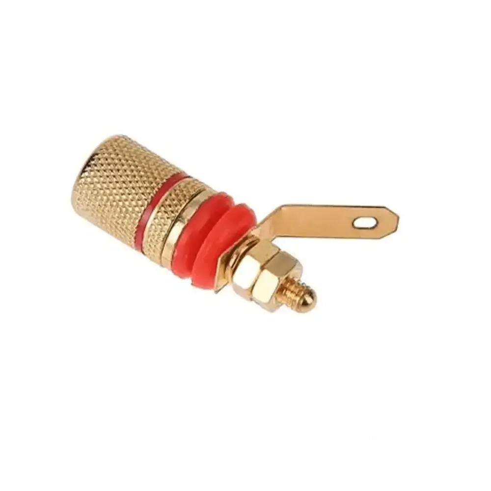Conectica - Mufa banana mama aurită 4mm OEM montaj pe panou cu inel roșu, lungime standard, compatibilă cu cabluri audio.