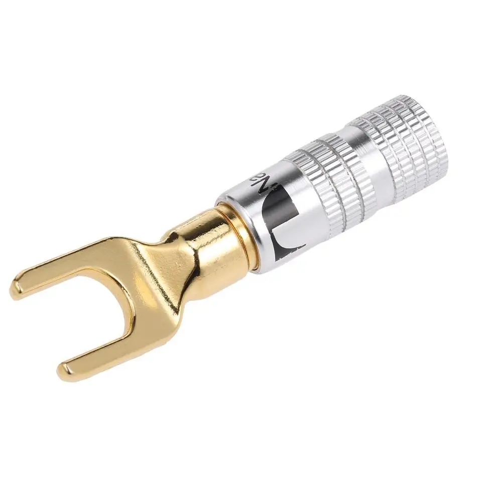 Conectica - Mufa banana tip furcă U tata 4mm metal cu șurub și inel negru OEM, lungime standard, utilizare în conexiuni electrice.