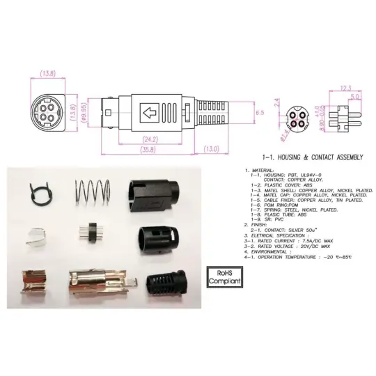 Mufa conector alimentare DC tata R7B 4 pini lipire 6.5mm montare pe cablu Ninigi PC-MDP-402-4P – IoElectronice.ro [4]