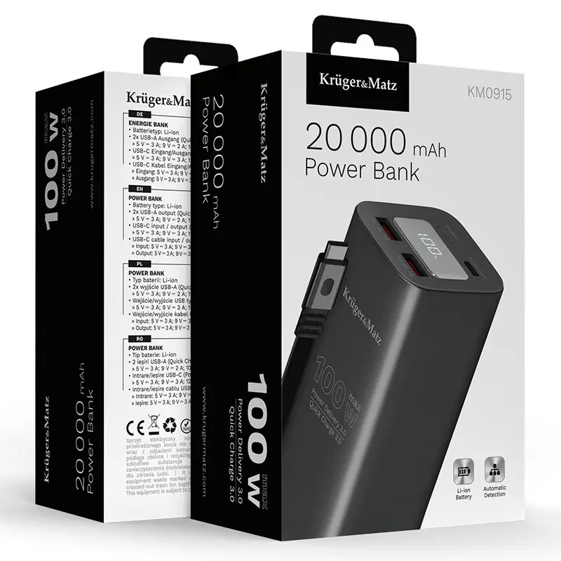 Power Bank 20000mAh 100W QC3.0 PD3.0 USB-C / USB-A Afisaj LCD Kruger&Matz KM0915 – IoElectronice.ro [7]