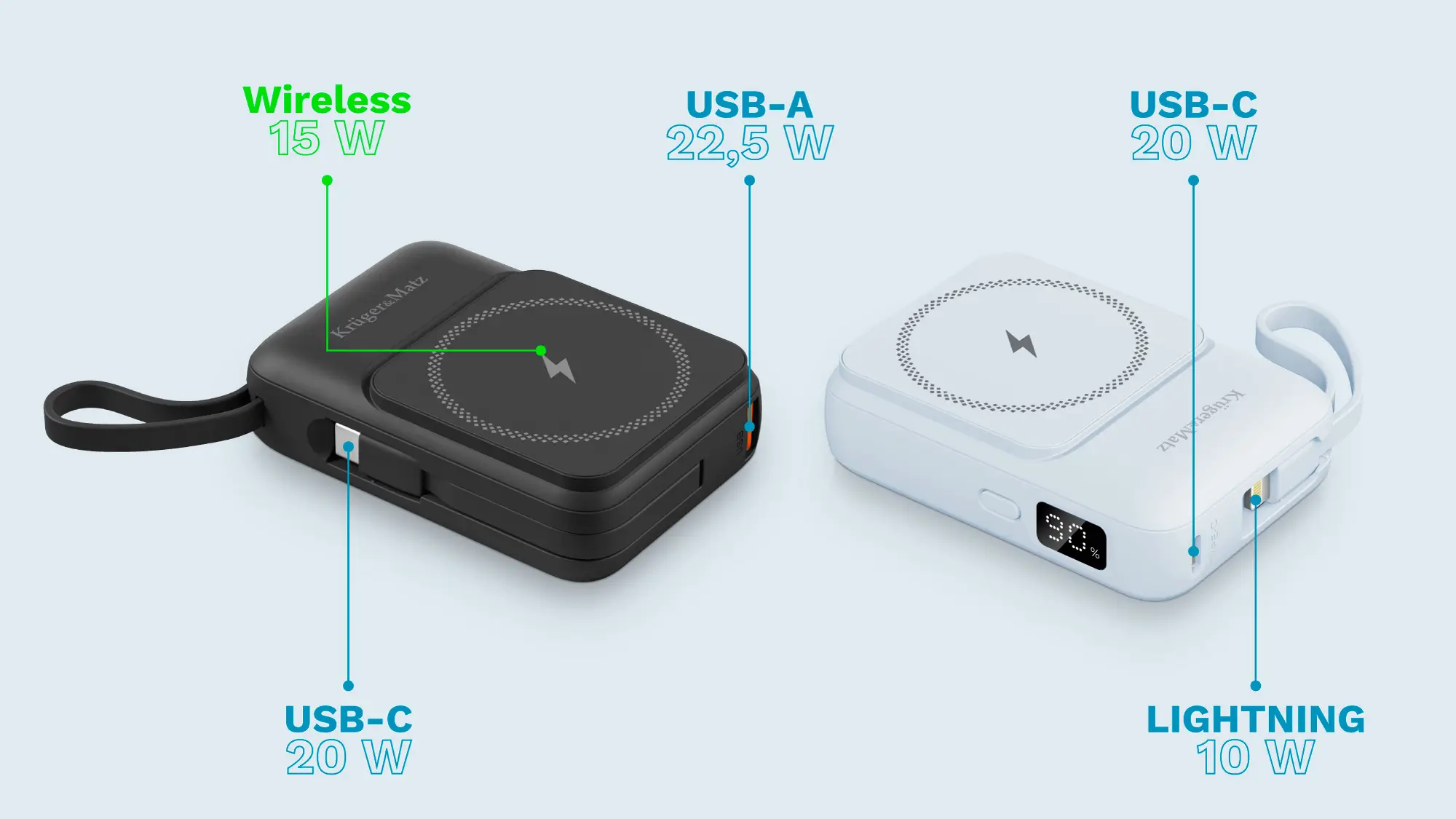 Power Bank inductie Kruger&Matz KM0913-BL 10000mAh Li-ion Mag Safe wireless 15W / USB-C 20W / USB-A 22.5W / Lightning 10W – IoElectronice.ro [6]