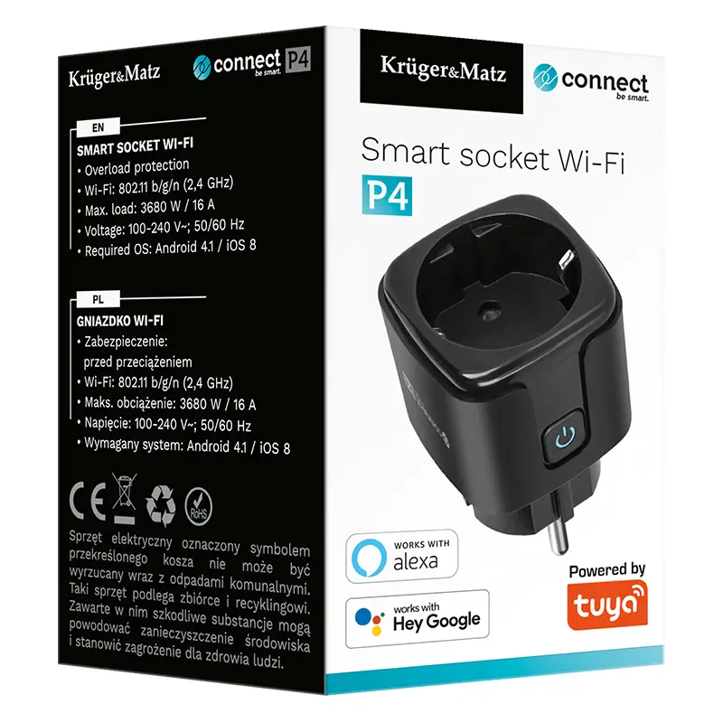 Priza Kruger&Matz KM2202-B SMART WI-FI CONNECT P4 TUYA 3680W 16A Monitorizează consum energie – IoElectronice.ro [4]