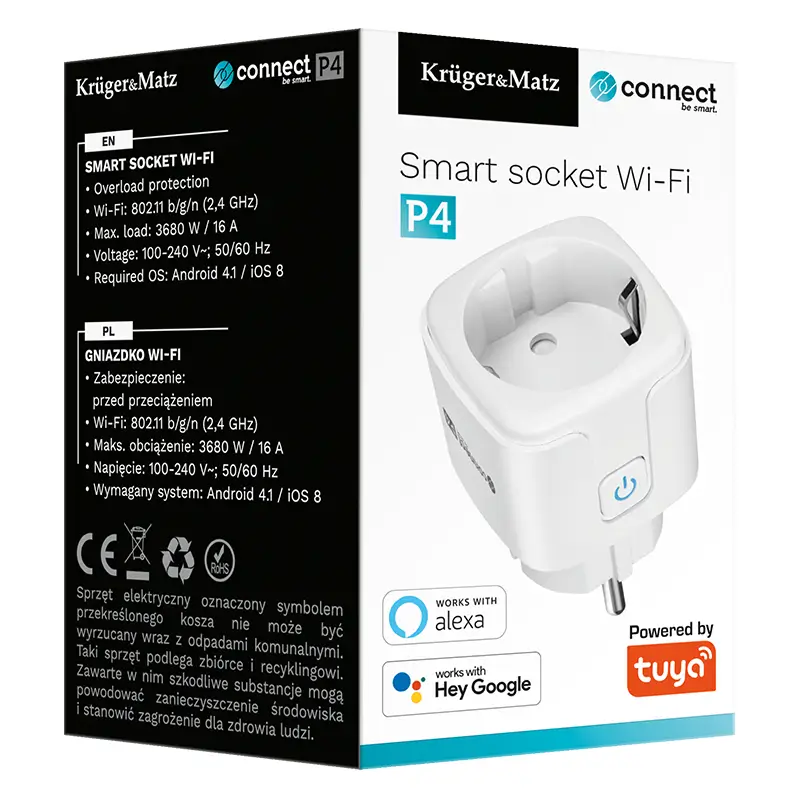 Priza Inteligentă Kruger&Matz KM2202-W Wi-Fi, Control Vocal, Monitorizare Consum Energie, Programare, Siguranță [4]