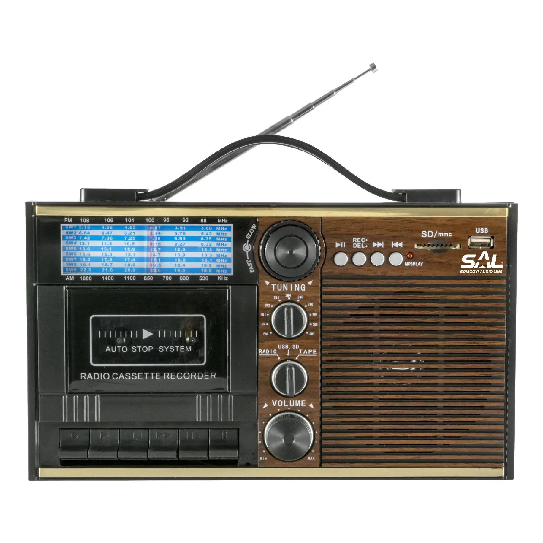 Radiouri MP3 MP4 - Radio portabil retro cu casetofon Radio 11 benzi / USB-MP3 / Bluetooth / SD SAL RRT 11B