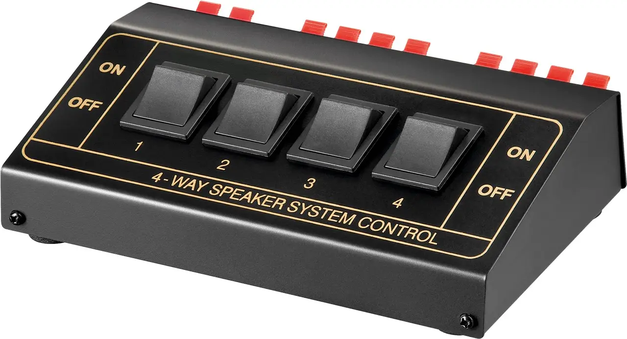 Selector difuzoare stereo Goobay pentru conectarea a până la 4 perechi, calitate audio superioară și conexiuni sigure [1]