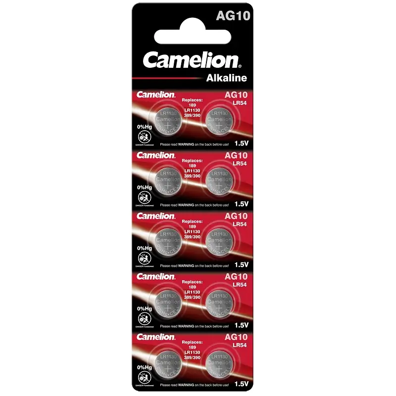 Electrice - Set 10 baterii buton alkaline 1.5V AG10 LR1130 389 189 Camelion AG10-BP10, tip AG, brand Camelion, lungime standard.