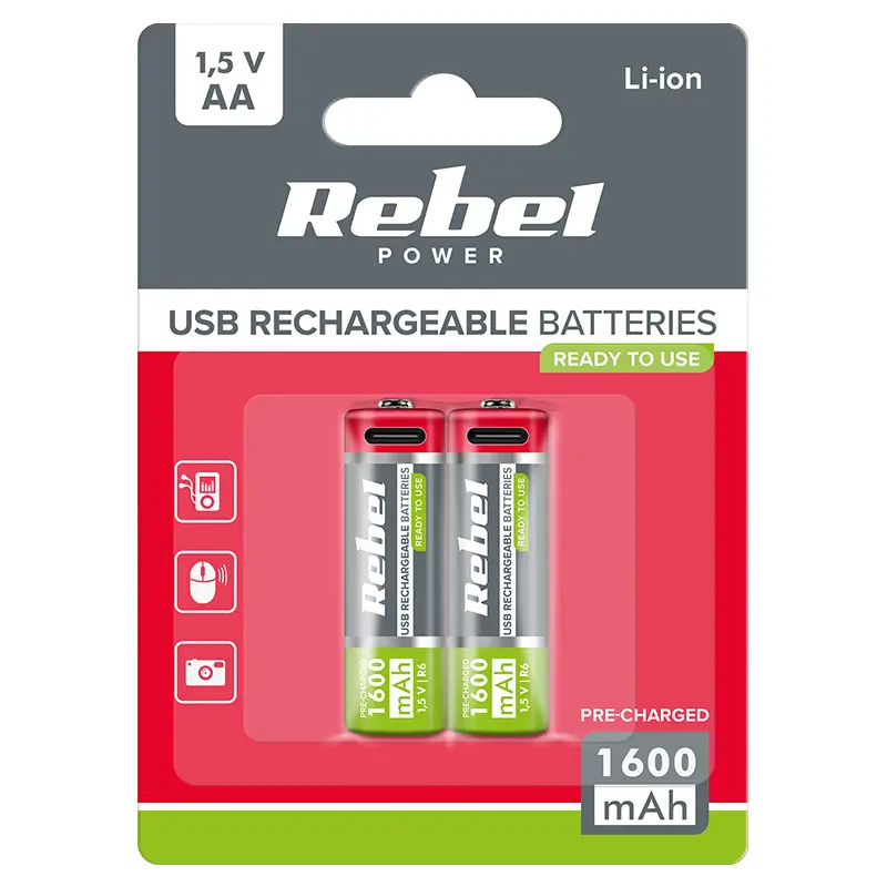Electrice - Set 2 acumulatori Rebel LI-I0N AA R6 1600mAh 1.5V USB-C BAT2014
