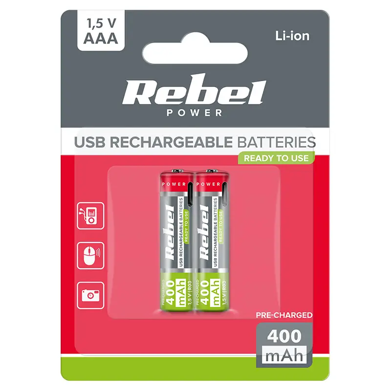 Electrice - Set 2 acumulatori Rebel LI-I0N AAA R3 400mAh 1.5V USB-C BAT2015