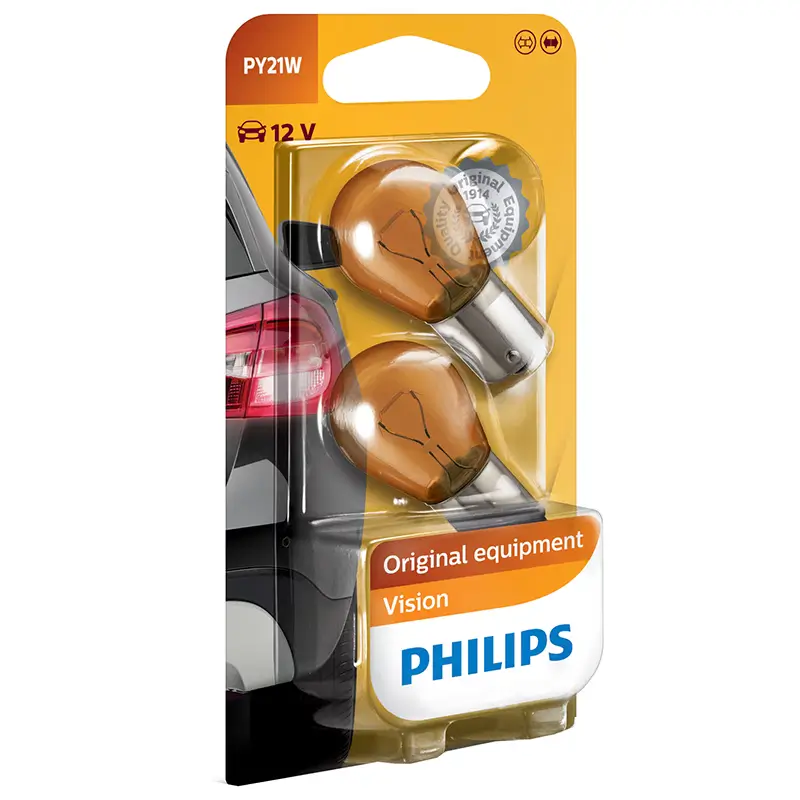 Becuri auto - Set 2 becuri auto 12V 21W PY21W Philips 52372930 portocalii pentru semnalizare, lungime standard, compatibile cu diverse modele auto.