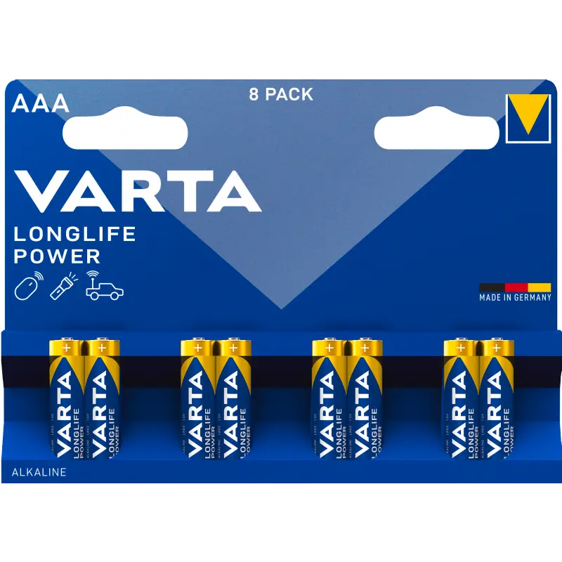 Electrice - Set 8 baterii VARTA LONGLIFE POWER alcaline AAA LR03 1.5V pentru utilizare zilnică în dispozitive electrice.