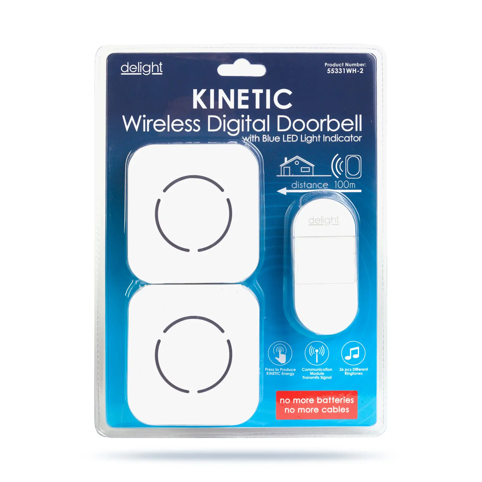 Sonerii-alarme - Sonerie fără fir Kinetic fără baterii 1 buton + 2 receptoare alb Delight 55331WH-2 – IoElectronice.ro