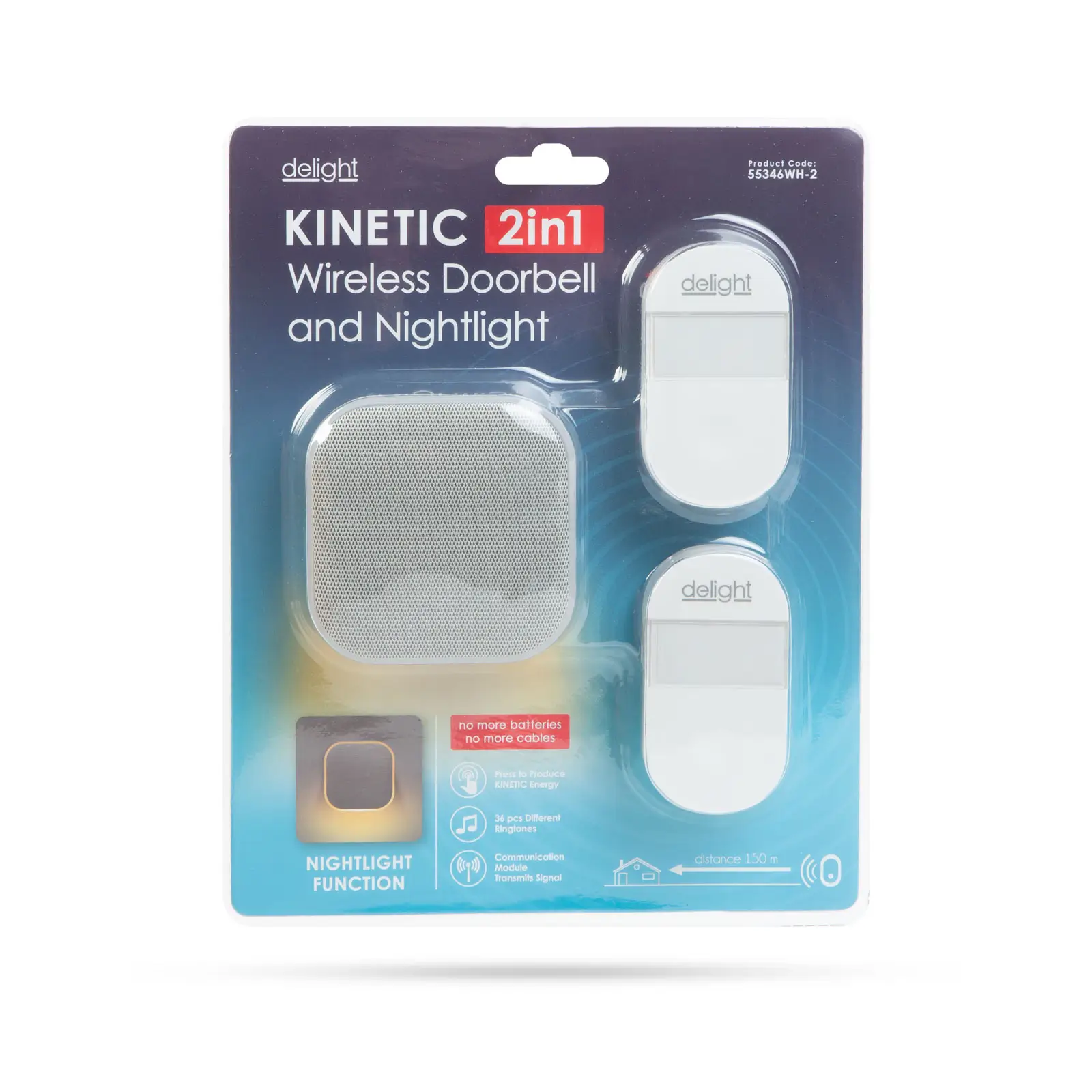 Sonerii-alarme - Sonerie și lumină de noapte fără fir și fără baterii 2în1 Kinetic cu 2x sonerii exterioare alb delight 55346WH-2 – IoElectronice.ro