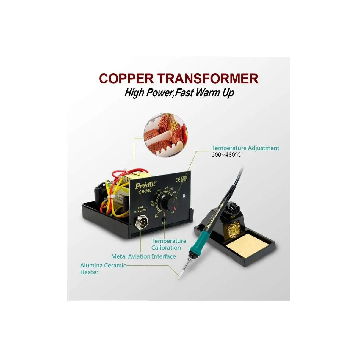 Stație de lipit Pro'sKit SS-206B cu reglare temperatură, 60W, 220V, vârf de 1.0mm, pentru electronică. [2]