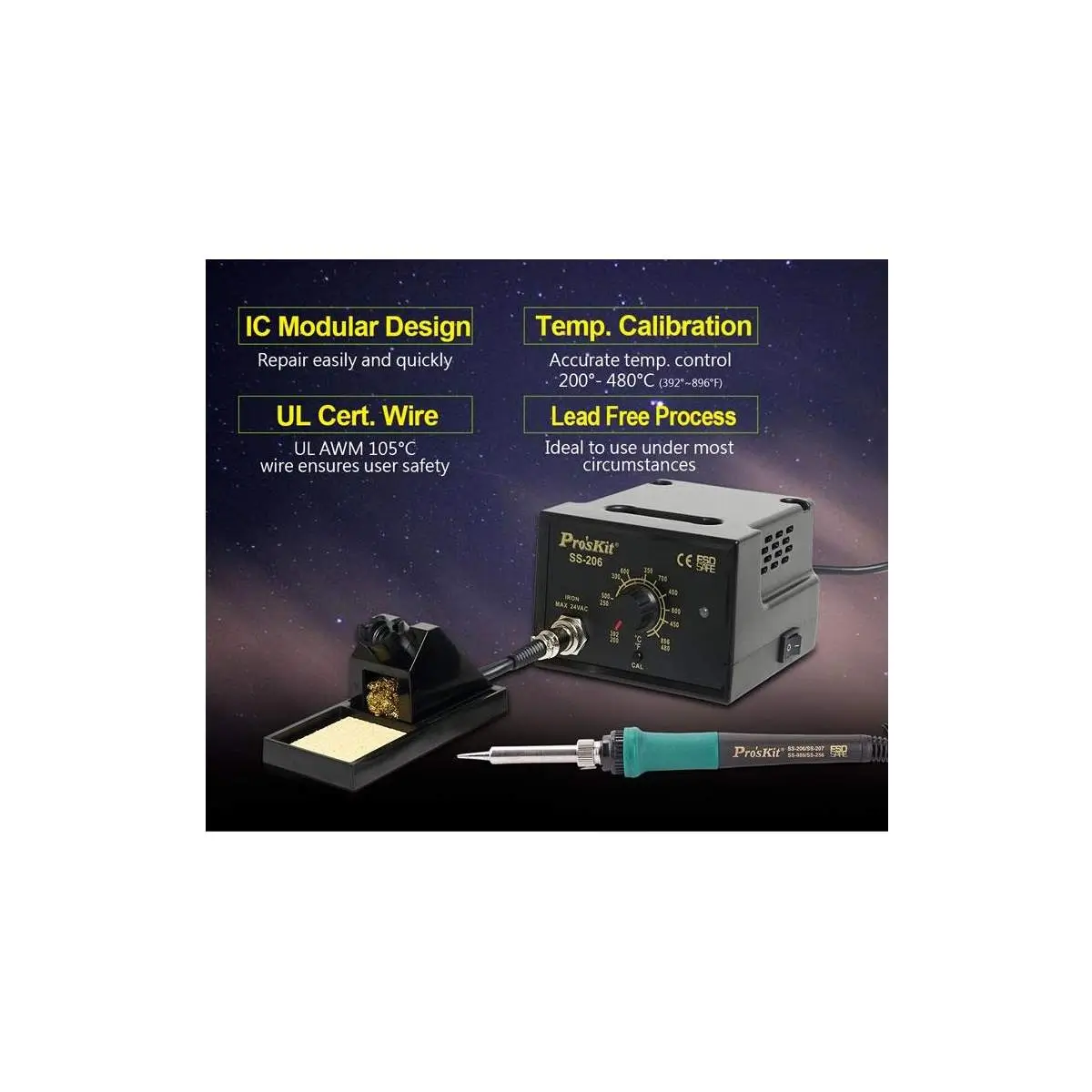 Stație de lipit Pro'sKit SS-206B cu reglare temperatură, 60W, 220V, vârf de 1.0mm, pentru electronică. [3]