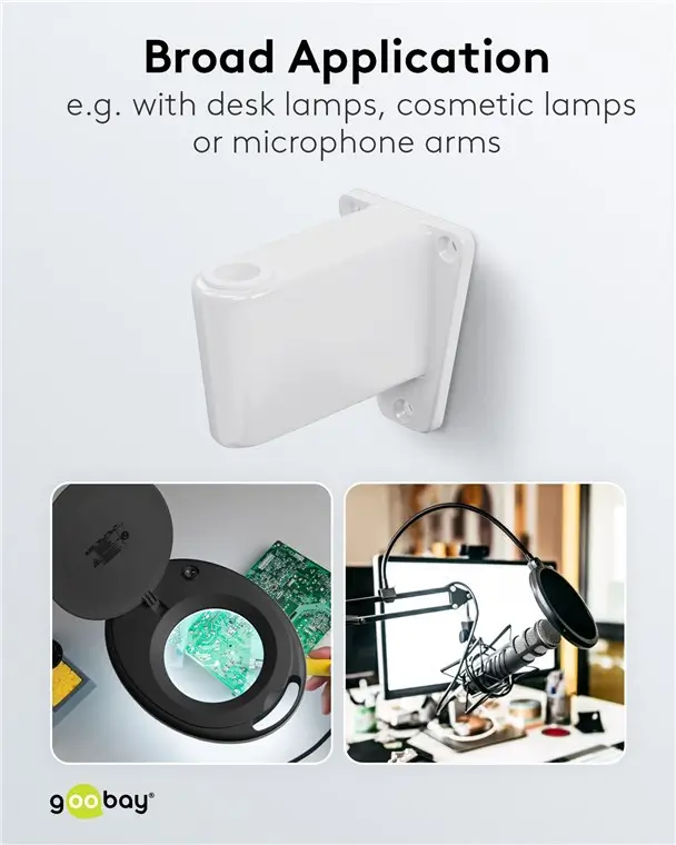 Suport de perete pentru lampă cu lupă Goobay 60360/60361/60362/60364, alb, fixare sigură, compatibil microfon și lampă de birou [3]