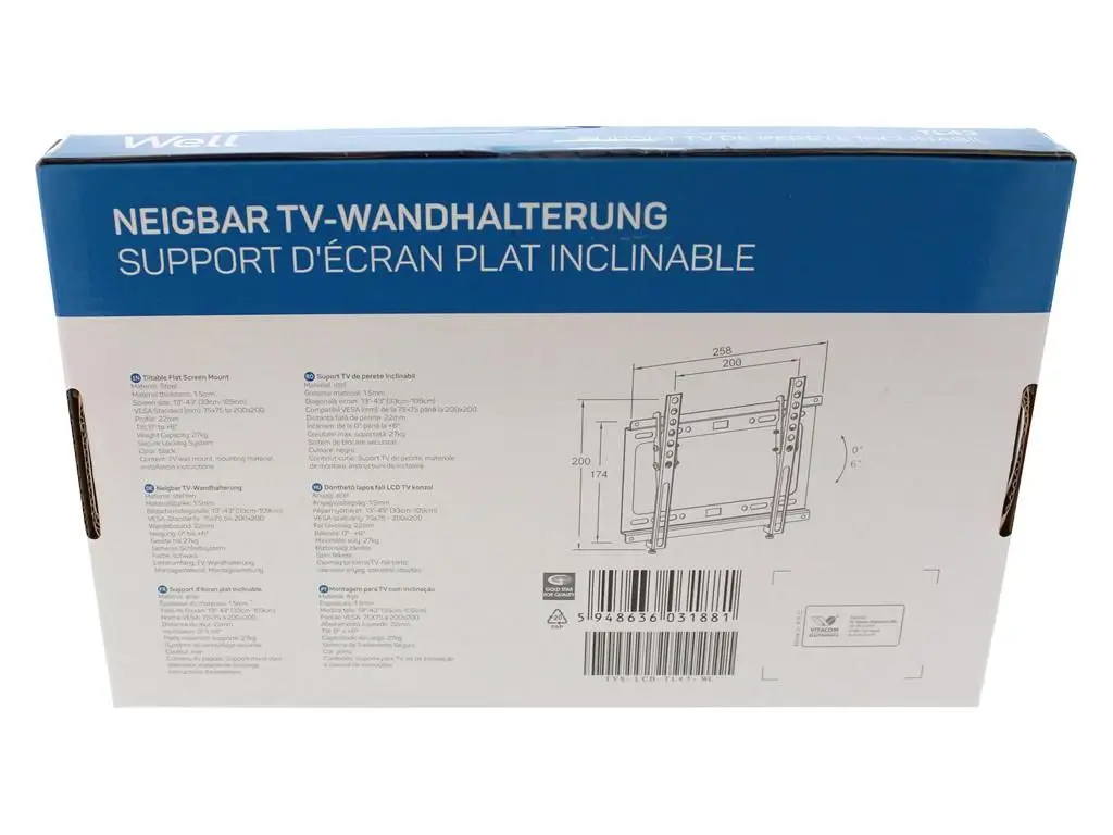 Suport TV LCD de Perete Inclinabil 13-43" Well TVS-LCD-TL43-WL, Otel, Securizat, Negru [4]