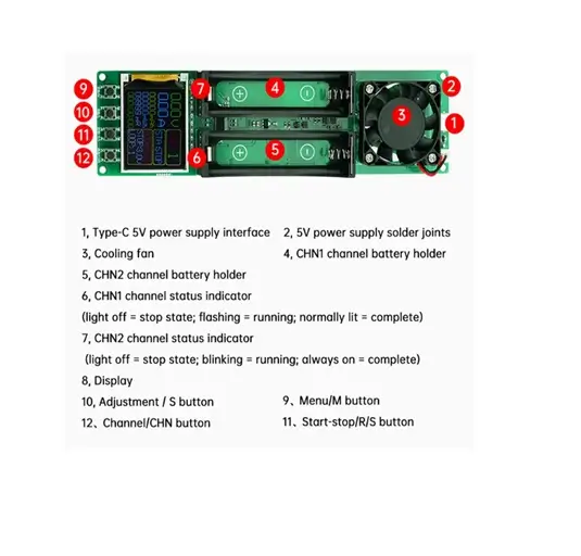 Tester 2x 18650 LCD alimentare USB Type C KBAF0002-005, compatibil cu acumulatori 18650, monitorizare tensiune. [1]