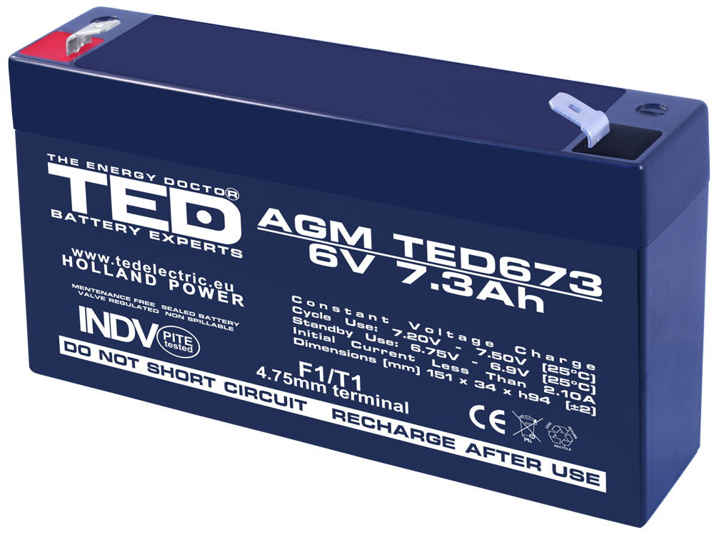 Acumulator AGM VRLA 6V 7.3Ah, Terminal F1, Dimensiuni 151x34x94mm, Ideal pentru Echipamente Medicale și UPS [1]
