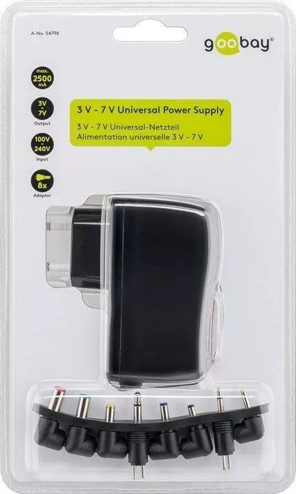 Adaptor alimentator universal Goobay 3-7V 2.5A 2500mA, tensiune de ieșire ajustabilă, compatibil cu diverse dispozitive. [2]