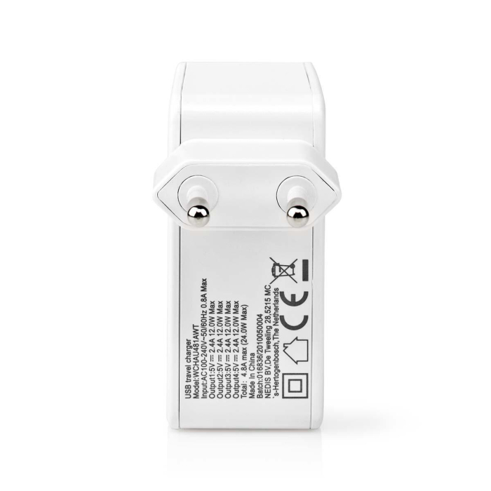 Alimentator NEDIS 220V, 24W, 2x2.4A, 2x1A, 4xUSB, alb, Euro CEE 7/16, tensiune 230V AC, ieșire 5V USB. [4]