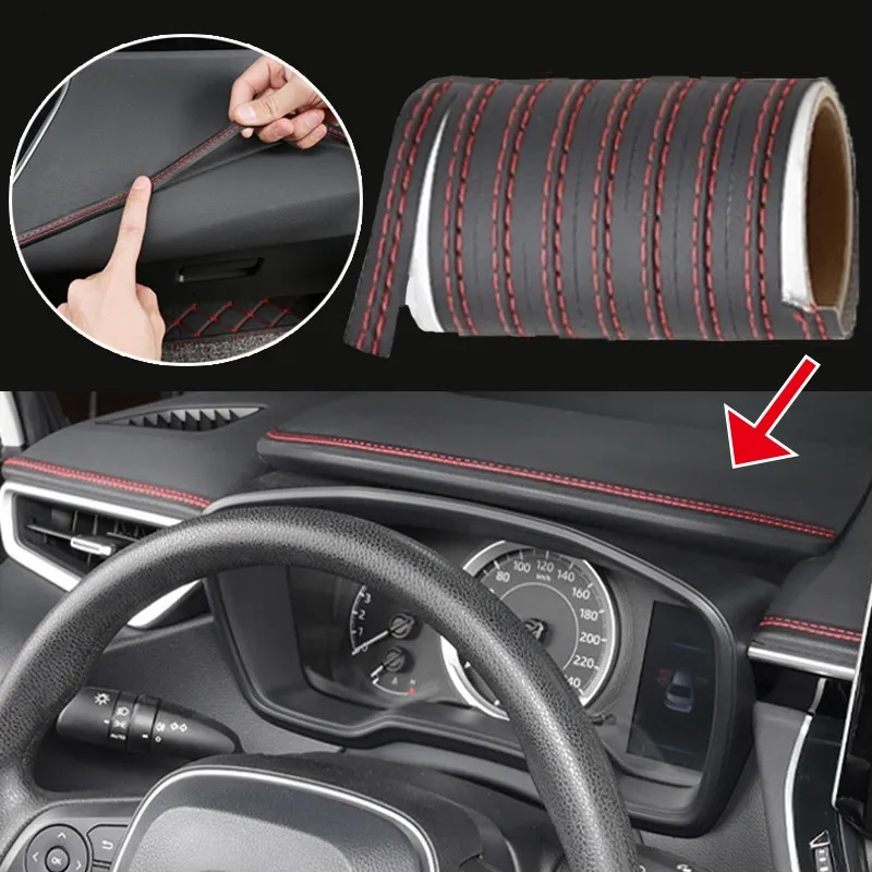 Banda decorativă pentru interior auto, piele ecologică, 2m, neagră cu cusătură roșie, ușor de instalat și elegantă [1]
