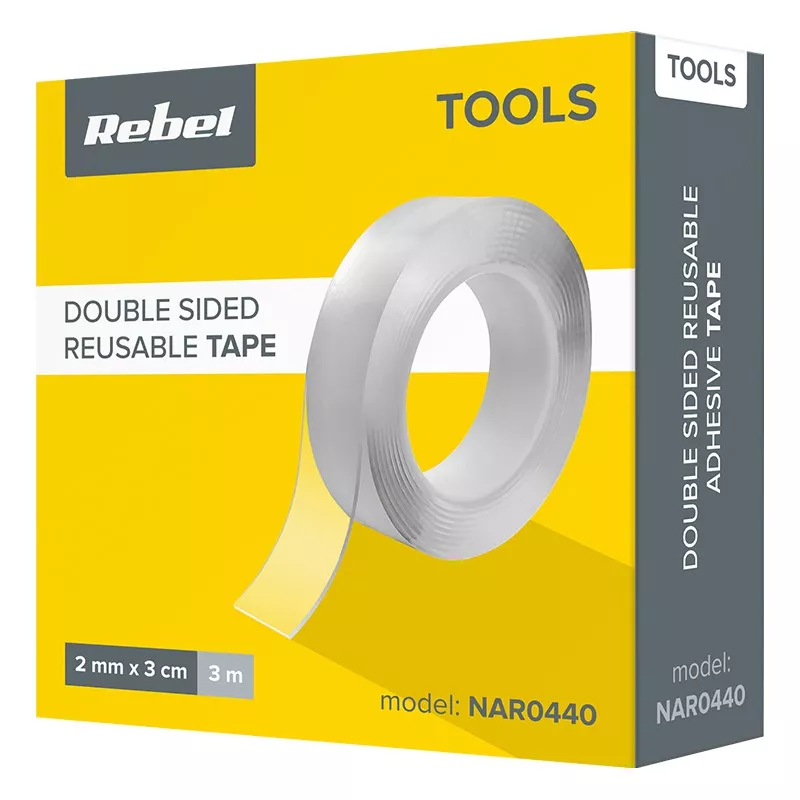 Banda dublu-adezivă reutilizabilă 30x2mm 3m transparentă REBEL – IoElectronice.ro [2]