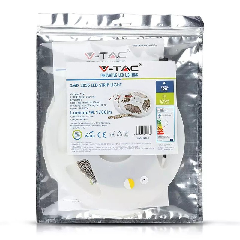 Banda LED SMD2835 204LED/m 4000K, 1700lm/m, 18W/m, IP20, 5m – Iluminare Alb Neutru V-tac [2]