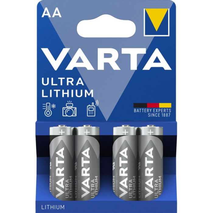 Baterii Varta Ultra Lithium R6 AA, 4 buc, tip AA (R6), pentru dispozitive electrice, brand Varta. [1]