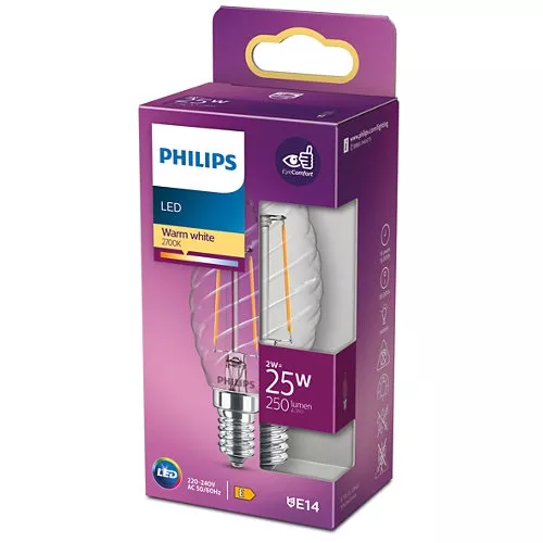 Bec LED filament Philips E14 2W, lumină caldă 2700K, economisire energie, durată lungă, design familiar [1]
