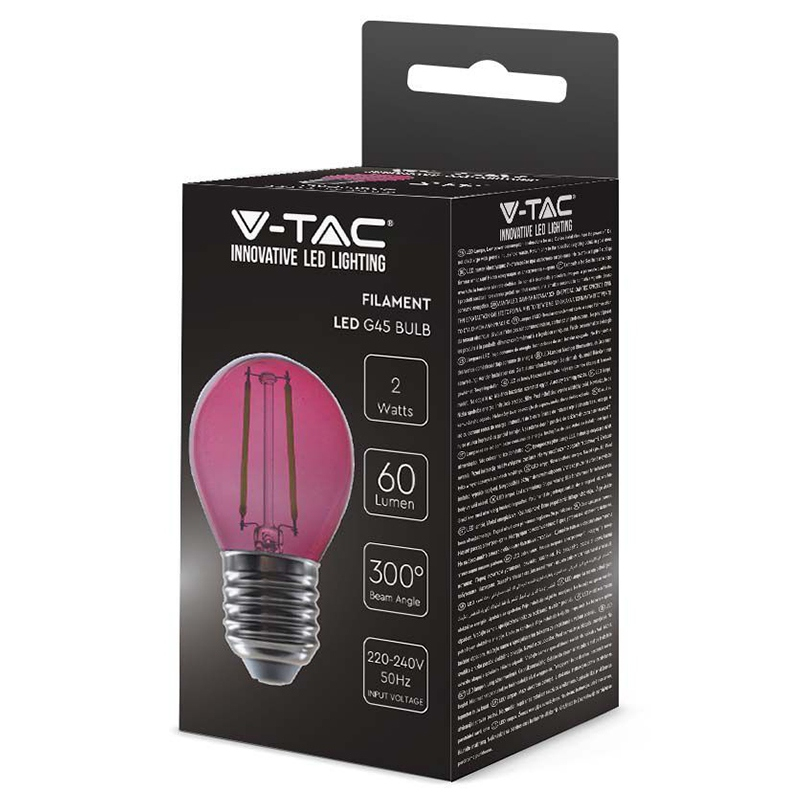 Bec LED G45 E27 2W cu filament roz, durată 20.000 ore, design elegant, iluminare ambientală, IP20, V-tac SKU-217410 [2]