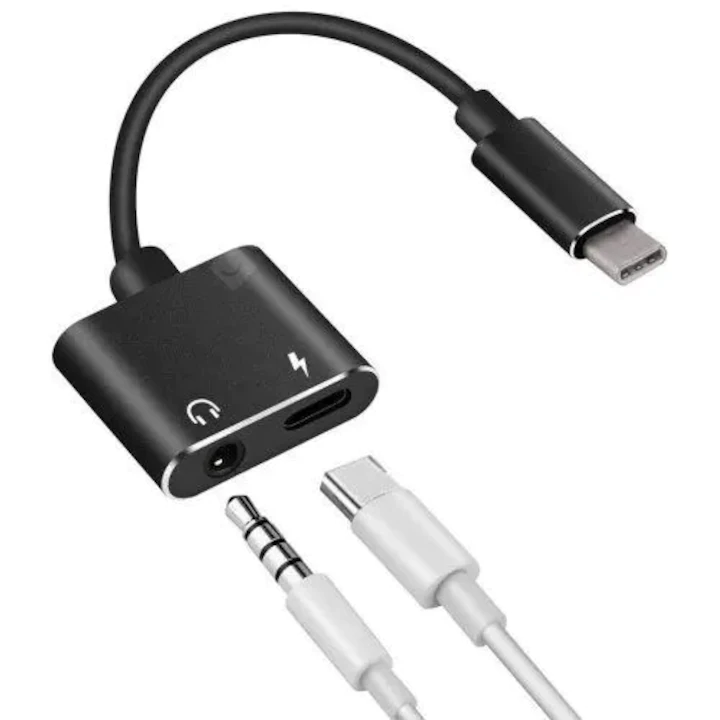 Cablu adaptor USB Type C tata - Jack 3.5 mm mama STEREO și USB Type C mama 7cm Well – IoElectronice.ro [2]
