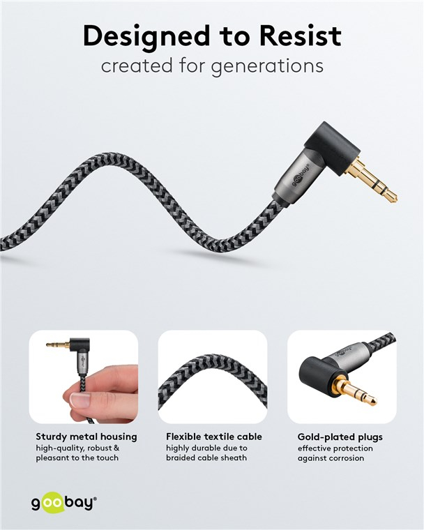 Cablu audio stereo 2m textil împletit Jack 3.5 mm - 3.5 mm 90 grade tata-tata aurit Goobay 65279 – IoElectronice.ro [3]