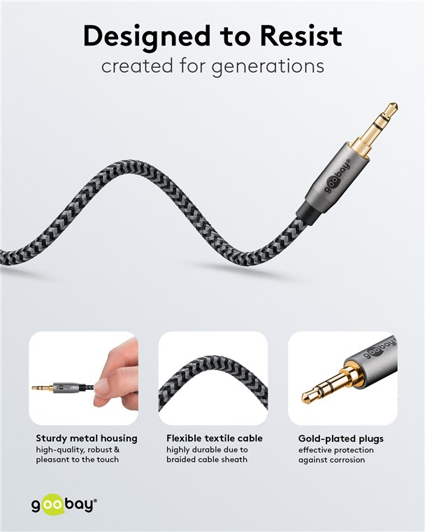 Cablu audio stereo AUX Jack 3.5 mm tata-tata 2m premium extrem de flexibil textil negru Goobay Plus 65274 – IoElectronice.ro [4]